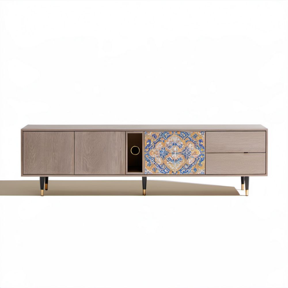 Szafka RTV z laminowanej płyty MDF, jasnobrązowa z panelem dekoracyjnym, 180 × 40 × 60 cm