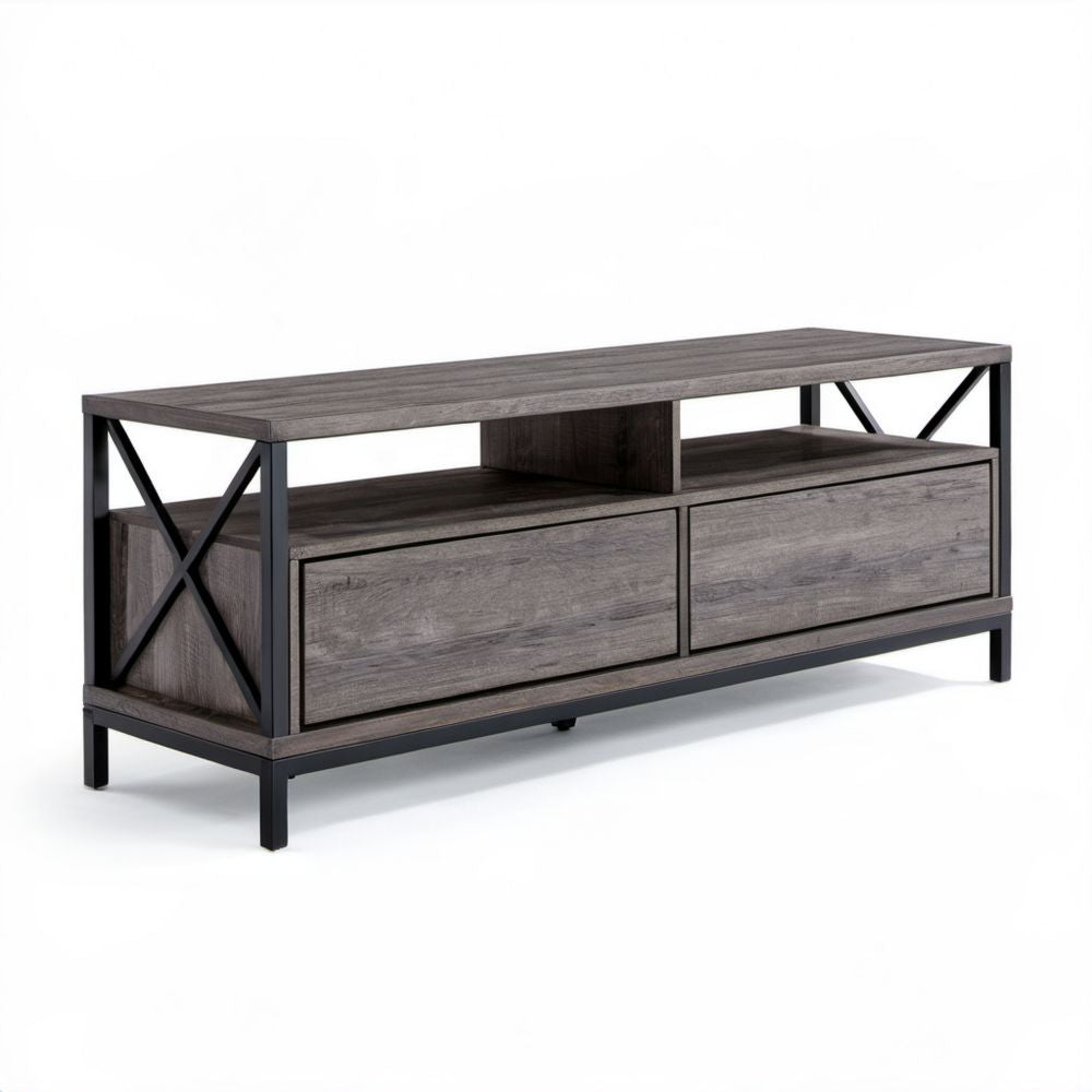 Szafka RTV z 2 szufladami z płyty MDF i stali, szaro-czarna, 152,4 x 40,6 x 61 cm