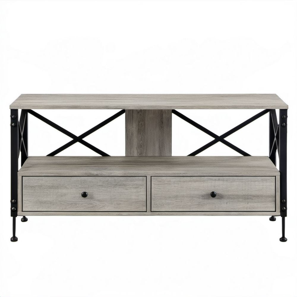 Industrialna szafka RTV szara z płytą MDF i stalowym stelażem, 120 × 40 × 60 cm