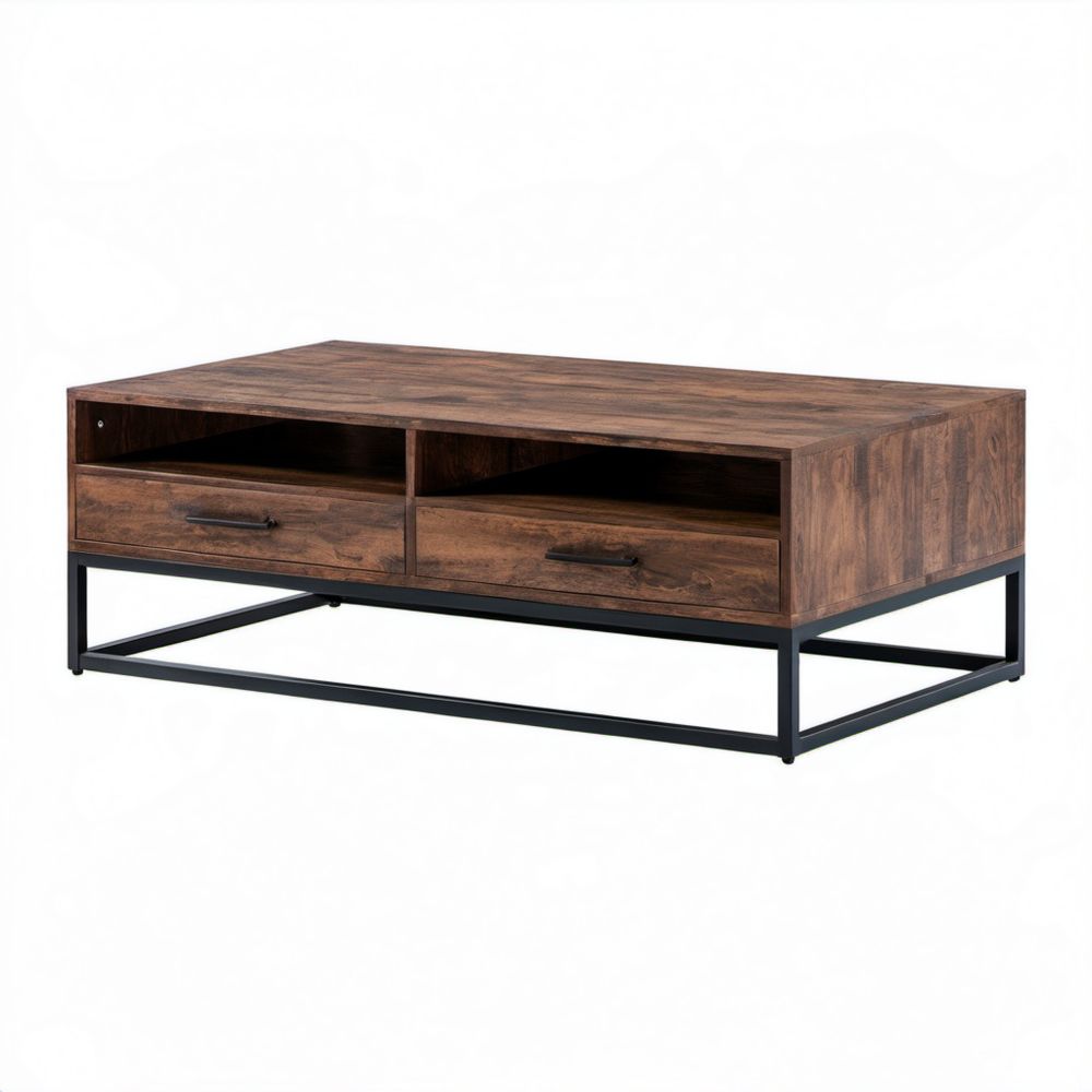 Prostokątny drewniano-metalowy stolik kawowy brązowo-czarny 120 x 60 x 45 cm z 2 szufladami