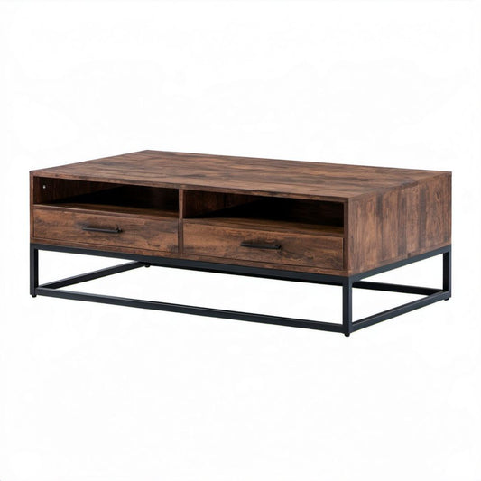 Prostokątny drewniano-metalowy stolik kawowy brązowo-czarny 120 x 60 x 45 cm z 2 szufladami
