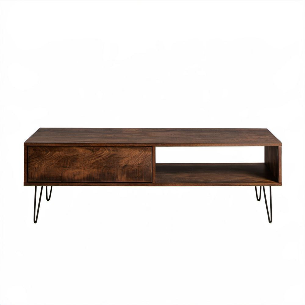 Prostokątny drewniany stolik kawowy brązowo-czarny 120 × 40 × 45 cm z szufladą