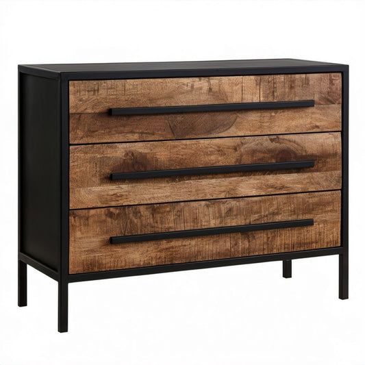 Komoda z 3 szufladami z płyty wiórowej laminowanej i stali, brązowo-czarna, 100 × 40 × 80 cm