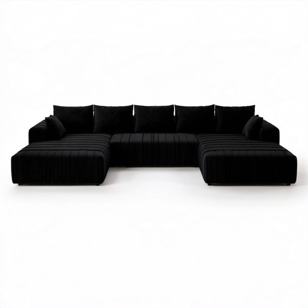 Czarna modułowa sofa w kształcie U z poliestru, 7-osobowa, 330 x 170 x 72 cm