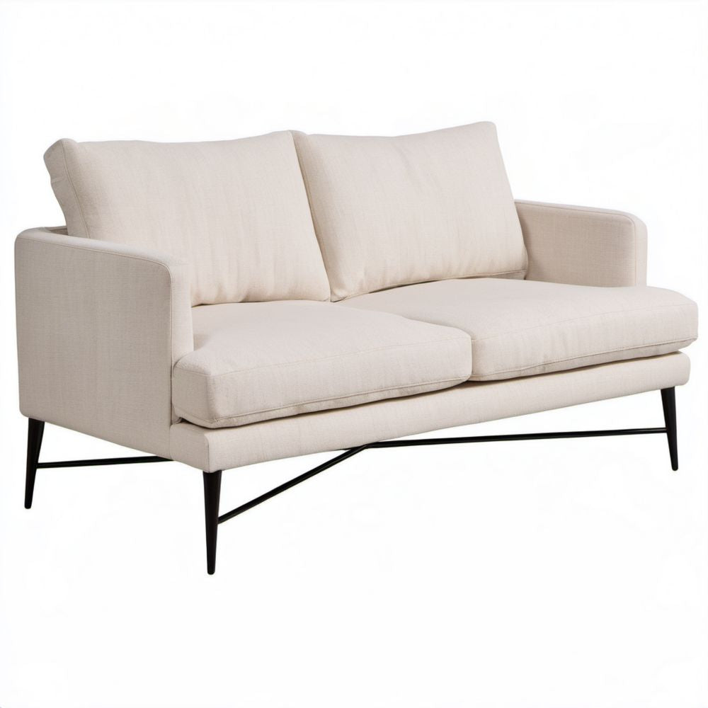 Dwuosobowa sofa beżowa z tapicerką poliestrową i metalowymi nogami, 160 × 85 × 82 cm