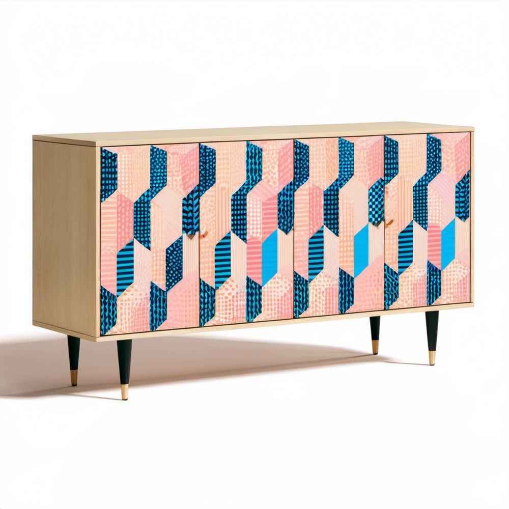 Komoda z płyty laminowanej 160 x 40 x 80 cm, jasny dąb z geometrycznym wzorem różowo-błękitno-granatowym