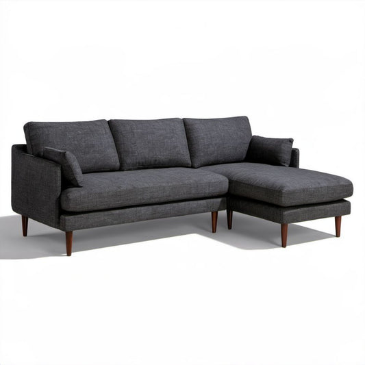 Ciemnoszara sofa narożna z prawostronnym szezlongiem, tapicerka tkaninowa, drewniane nogi, 240 × 155 × 85 cm