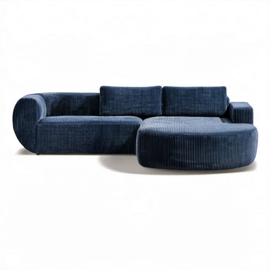 Granatowa sofa narożna z prawostronnym szezlongiem, tapicerowana sztruksem, 260 x 165 x 75 cm