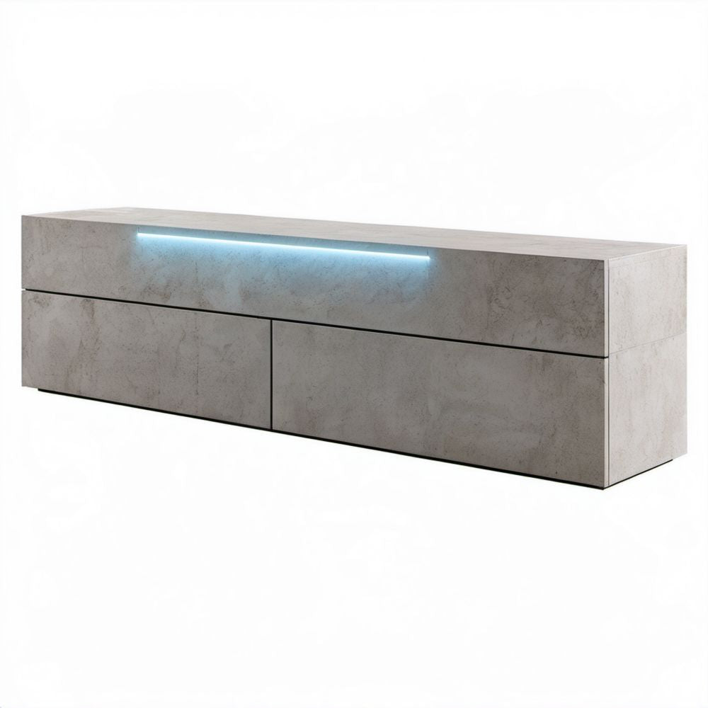Szafka RTV beton jasnoszary z płyty laminowanej 180 x 40 x 50 cm z niebieskim oświetleniem LED