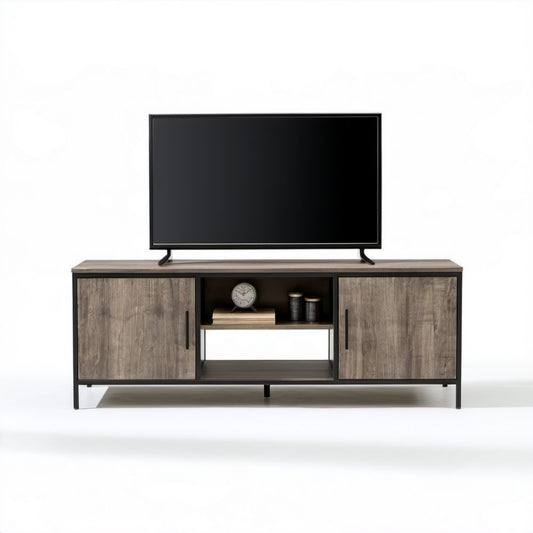 Prostokątna szafka RTV brązowo-czarna z płyty wiórowej laminowanej i stali, 140 x 40 x 55 cm