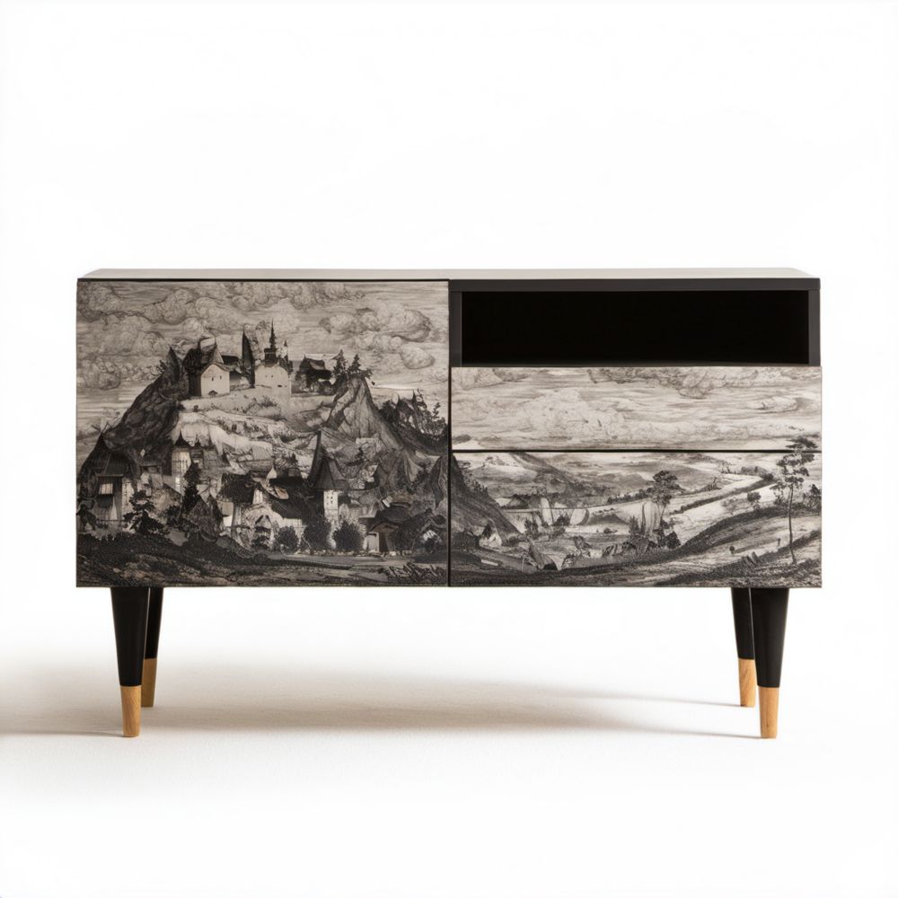 Czarna szafka RTV z płyty MDF z nadrukiem krajobrazu, 120 x 40 x 75 cm