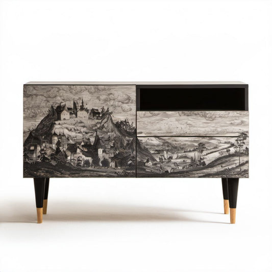 Czarna szafka RTV z płyty MDF z nadrukiem krajobrazu, 120 x 40 x 75 cm