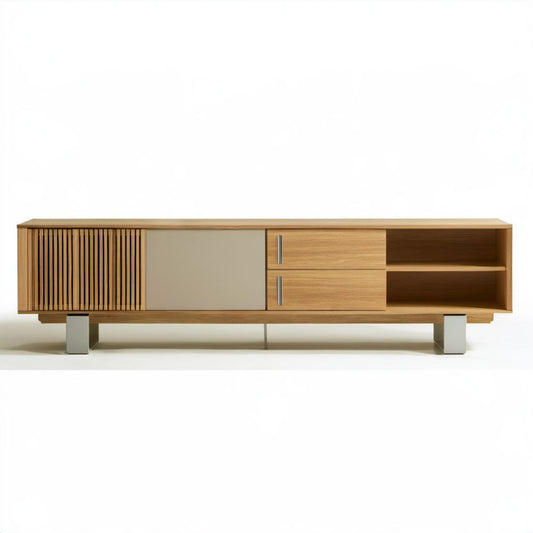 Drewniana szafka RTV z MDF 180 × 40 × 55 cm, dąb naturalny, z szufladami i półkami