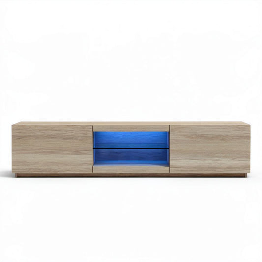 Dębowa szafka RTV z oświetleniem LED i szklaną półką 180 × 40 × 45 cm
