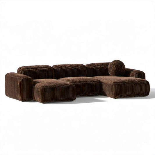 Modułowa sofa narożna w kształcie L, brązowa, z prążkowanej tkaniny, 300 x 180 x 72 cm
