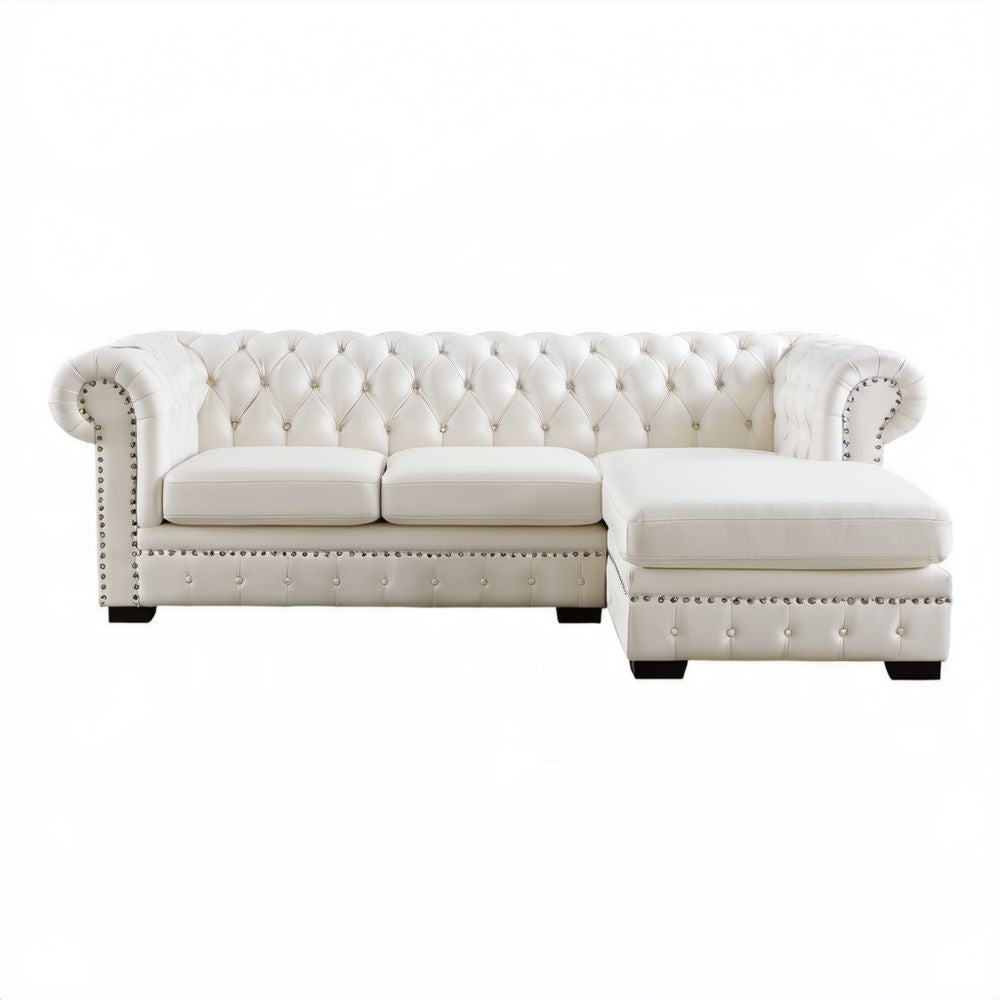 Biała sofa narożna Chesterfield z tapicerką PU, prawostronnym szezlongiem, 275 × 165 × 78 cm