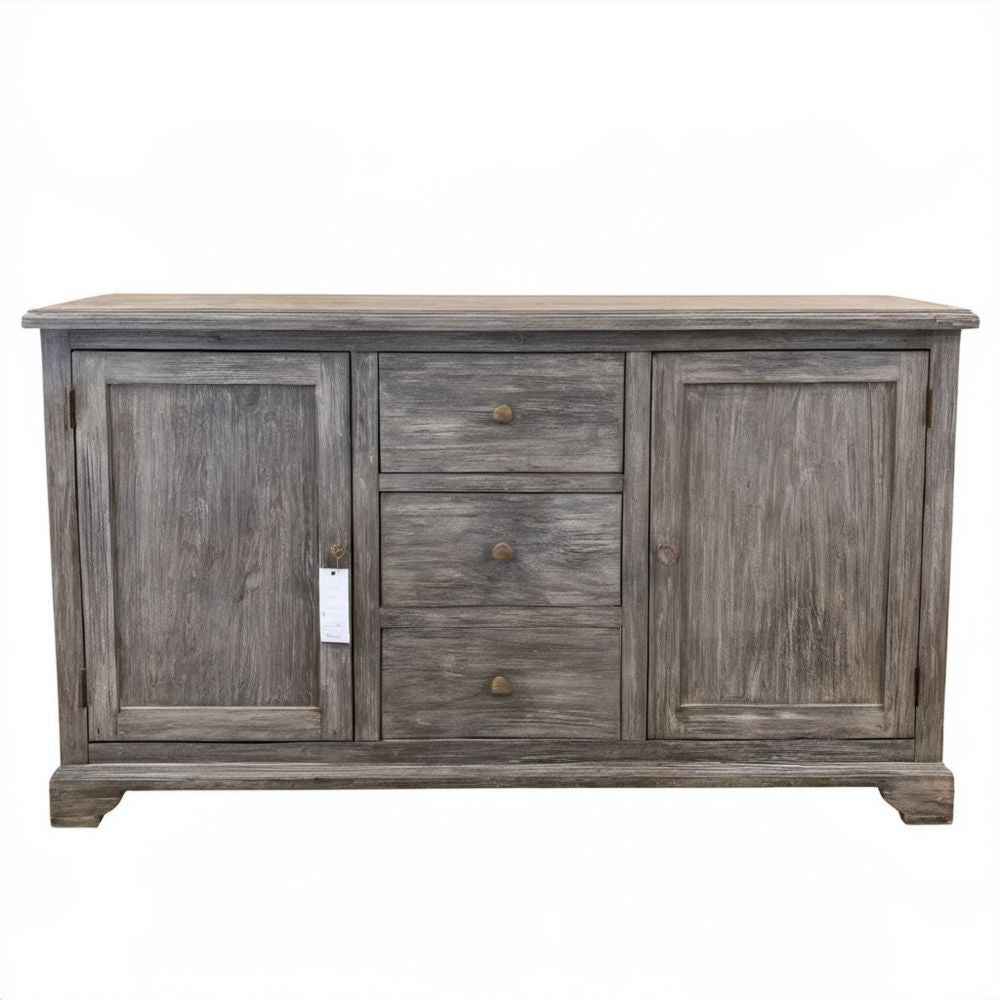 Kredens z litego drewna mango, szary, 140 x 45 x 90 cm, 2 drzwi i 3 szuflady