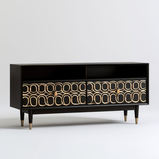 Czarna szafka RTV z płyty MDF ze złotym geometrycznym wzorem, 160 x 40 x 75 cm