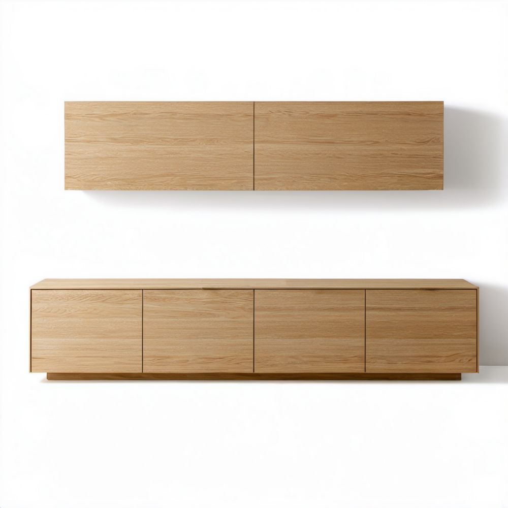 Zestaw szafek RTV z MDF fornirowanego dębem naturalnym – szafka dolna 200 × 40 × 55 cm i szafka wisząca 180 × 30 × 45 cm