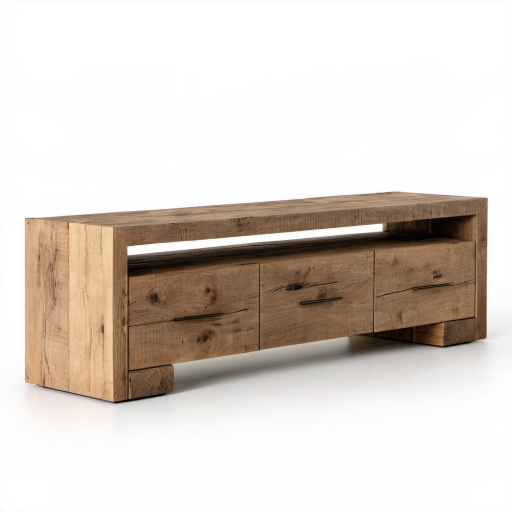 Brązowa szafka RTV z litego drewna dębowego 180 x 45 x 55 cm z 3 szufladami