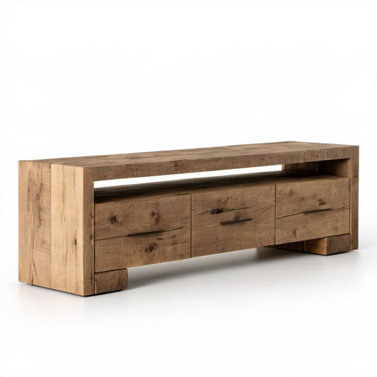 Brązowa szafka RTV z litego drewna dębowego 180 x 45 x 55 cm z 3 szufladami