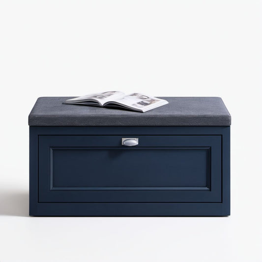 Granatowa szafka na buty MDF z ciemnoszarym tapicerowanym siedziskiem 80 x 35 x 45 cm