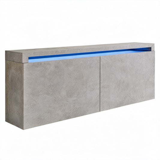 Szara szafka RTV z płyty MDF w dekorze betonu, 160 × 40 × 60 cm, z niebieskim oświetleniem LED