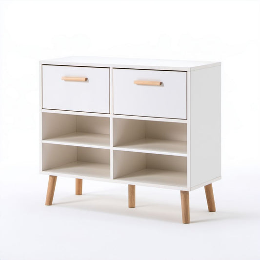Biała szafka na buty z MDF z nogami z drewna kauczukowego, 80 x 35 x 90 cm