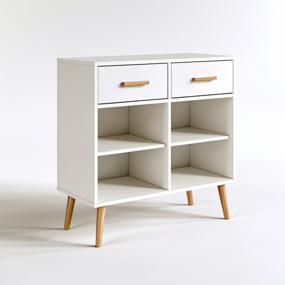 Biała drewniana szafka na buty z 2 szufladami i 4 otwartymi przegrodami, 80 x 35 x 85 cm